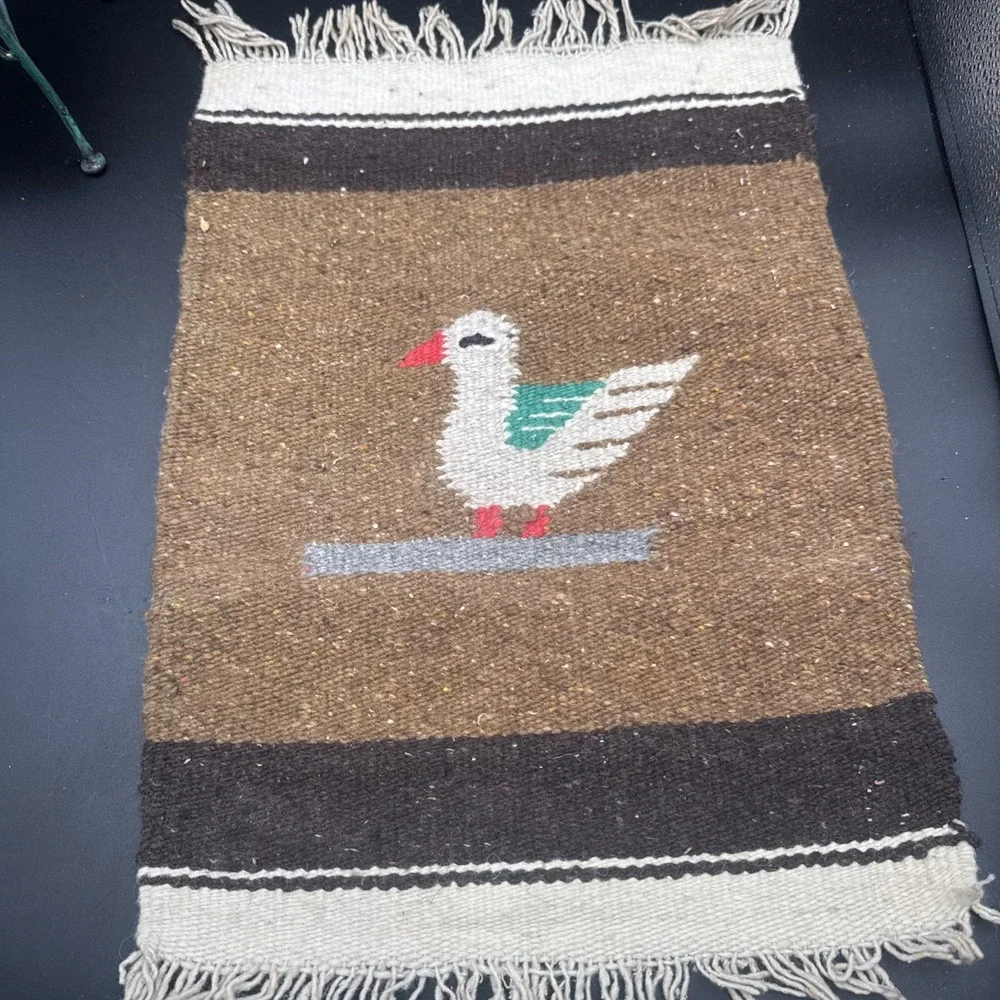 Vintage Southwestern or Mexican Textile Small Rug Wall Tapestry w Bird on Branch
